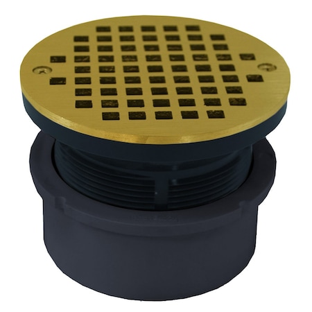 Jones Stephens 4in. PVC Hub Fit Drain Base with 3-1/2in. Plastic Spud and 5in. Polished Brass Strainer D53401